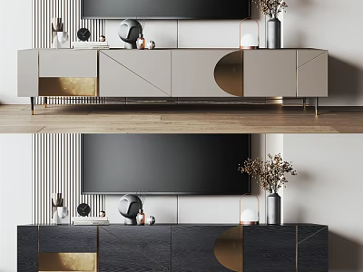 Modern TV Stand with Light Dark Gray Finish Gold Accents and Decorative Items 3d model