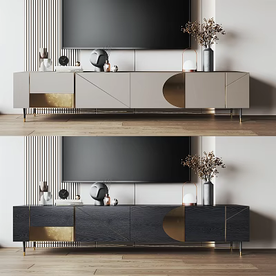 Modern TV Stand with Light Dark Gray Finish Gold Accents and Decorative Items 3d model