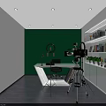 Modern Meeting Room Interior With Green Backdrop White Table Camera And Shelved Plants Books