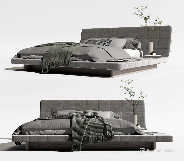 Modern Gray Double Bed With Soft Blanket Headboard And Potted Plant 3d model 
