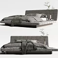 Modern Gray Double Bed With Soft Blanket Headboard And Potted Plant