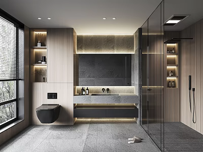 Modern Bathroom Interior With Glass Shower Wall Mounted Toilet Marble Vanity And Wooden Cabinets 3d model