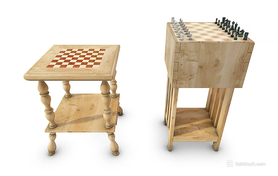 Wooden Chess Tables with Chessboard Game Pieces and Storage Shelf for Board Game Entertainment 3d model 