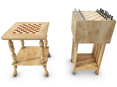 Wooden Chess Tables with Chessboard Game Pieces and Storage Shelf for Board Game Entertainment 3d model