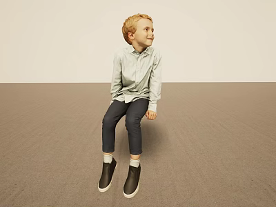 Blonde Young Boy Sitting On Floor In Light Shirt Dark Pants Black Shoes Light Background 3d model