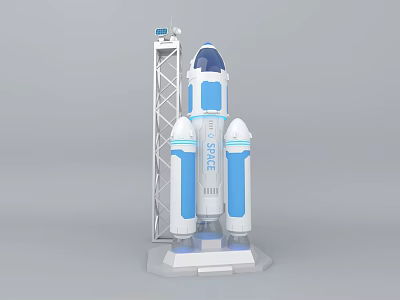 Blue And White Space Rocket Model With Launch Tower And Base 3d model