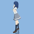 Woman with Blue Hair and Blue Eyes Making Peace Sign Wearing White Shirt Gray Skirt