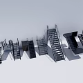 Black Metal Stairs with Various Designs Against Grey Background and White Grid Floor