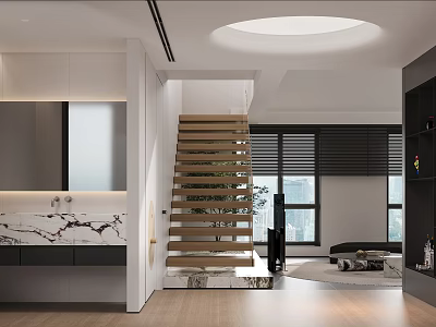 Modern Bathroom Interior Design With Marble Vanity Mirror And Storage Cabinets 3d model