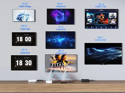 Various Size Smart TVs With Full HD QHD Resolution Displaying Movies Time And Scenic Scenes 3d model