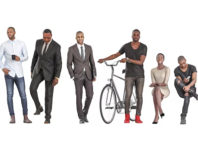 Group of Diverse People Standing and Sitting with Bicycle in Casual and Formal Attire 3d model