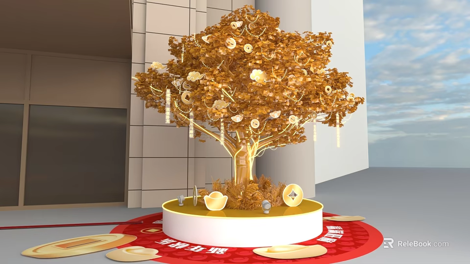Golden Tree Themed Photo Check-in Spot With White Base Red Carpet And Ornaments 3d model 
