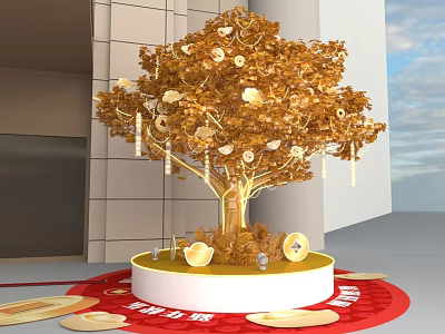 Golden Tree Themed Photo Check-in Spot With White Base Red Carpet And Ornaments 3d model