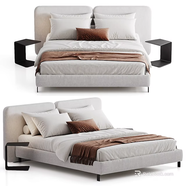Modern Double Bed Design With Upholstered Headboard White Pillows Brown Throw And Side Tables 3d model 