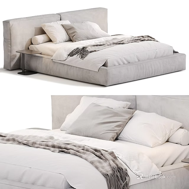 Modern Double Bed Interior Design with Upholstered Frame Soft Pillows and Cozy Blanket 3d model 