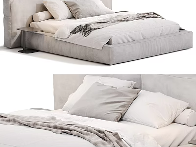 Modern Double Bed Interior Design with Upholstered Frame Soft Pillows and Cozy Blanket 3d model