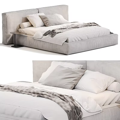Modern Double Bed Interior Design with Upholstered Frame Soft Pillows and Cozy Blanket 3d model
