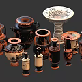 Ancient Greek Pottery Collection With Various Shapes Black Orange Vases And Carved Patterns