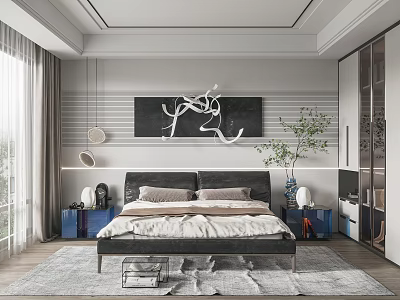 Modern Bedroom Interior Design With Bed Decorative Art Nightstands Rug Curtains And Plant 3d model