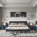 Modern Bedroom Interior Design With Bed Decorative Art Nightstands Rug Curtains And Plant