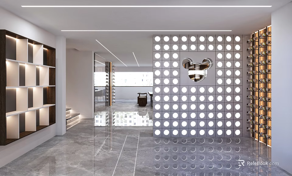 Modern Exhibition Hall Interior Design With Circular Hole Partition And Display Shelves 3d model 