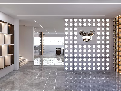 Modern Exhibition Hall Interior Design With Circular Hole Partition And Display Shelves 3d model