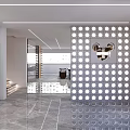 Modern Exhibition Hall Interior Design With Circular Hole Partition And Display Shelves