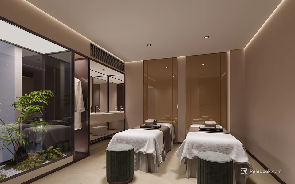 Elegant SPA Sauna Interior With Massage Beds White Sheets Stools Mirrors And Green Plants 3d model 