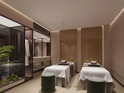 Elegant SPA Sauna Interior With Massage Beds White Sheets Stools Mirrors And Green Plants 3d model