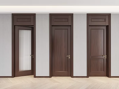 Dark Brown Wooden Hinged Doors With Glass And Gold Handles Sleek Design In Modern Interior 3d model