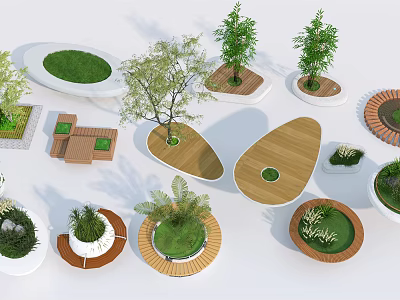 Modern Tree Planters with Various Shapes Materials Wood Concrete Featuring Trees and Green Plants 3d model