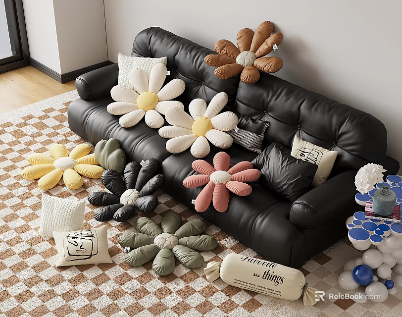 Colorful Flower Shaped Decorative Pillows On Black Leather Sofa Living Room 3d model 