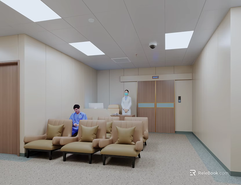 Hospital Outpatient Clinic Waiting Area With Comfortable Sofas Medical Staff And Ceiling Lights 3d model 