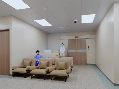 Hospital Outpatient Clinic Waiting Area With Comfortable Sofas Medical Staff And Ceiling Lights 3d model