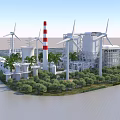 Industrial Factory Plant With Wind Turbines Red And White Chimney And Greenery