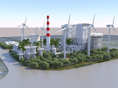 Industrial Factory Plant With Wind Turbines Red And White Chimney And Greenery 3d model