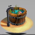 Wooden Barrel Water Feature With Faucet Lotus Flower And Aquatic Plants