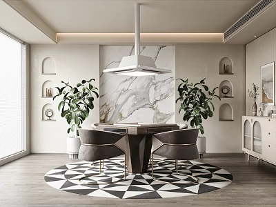 Modern Dining Room With Marble Backdrop Green Plants And Geometric Rug 3d model
