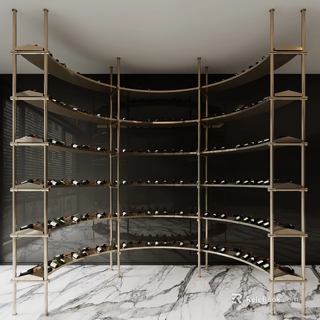 Elegant Modern Curved Wine Rack Design With Multi tiered Shelves And Marble Floor Displaying Wine Bottles 3d model 