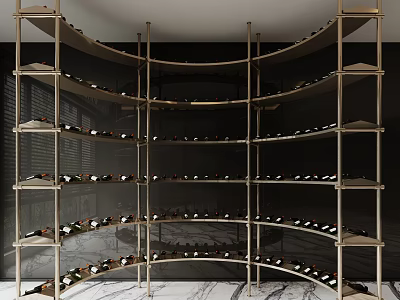 Elegant Modern Curved Wine Rack Design With Multi tiered Shelves And Marble Floor Displaying Wine Bottles 3d model