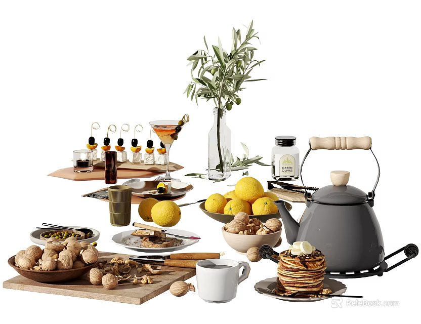 Fresh Assorted Food Display With Lemons Nuts Pancakes Teapot And Olive Branch 3d model 