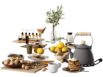 Fresh Assorted Food Display With Lemons Nuts Pancakes Teapot And Olive Branch 3d model