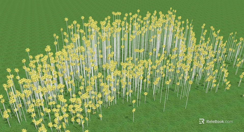 Yellow Flower Shaped Outdoor Lights Arranged On Green Grass Field 3d model 