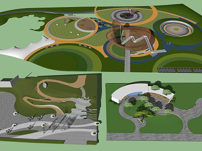 Modern Park Landscape Design With Circular Paths Green Lawns And Seating Areas 3d model