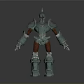 Man Like Mechanical Robot With Blue Green Armor And Red Legs Standing