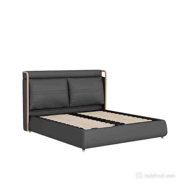 Modern Black Leather Double Bed With Wooden Slats And Accent Headboard 3d model 