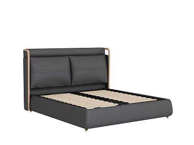Modern Black Leather Double Bed With Wooden Slats And Accent Headboard 3d model