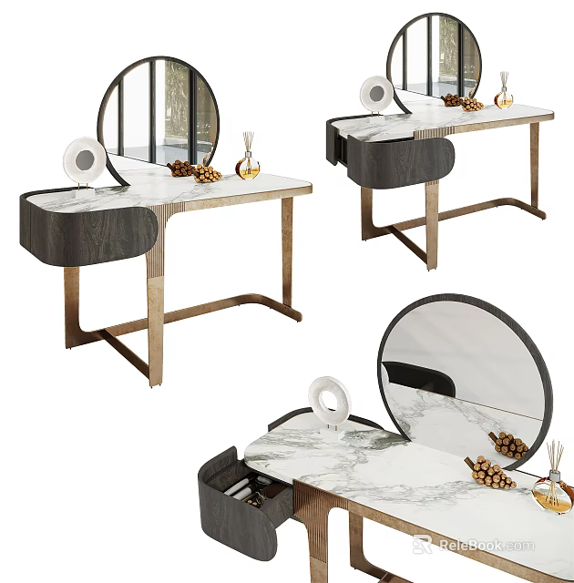 Modern Dressing Table With Marble Top Round Mirror Wooden Stand And Decorative Items 3d model 