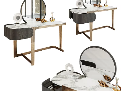 Modern Dressing Table With Marble Top Round Mirror Wooden Stand And Decorative Items 3d model