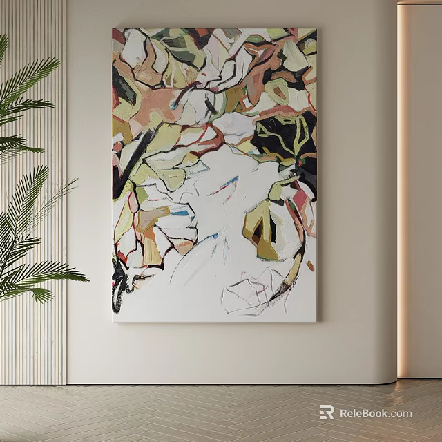 Abstract Painting with Colorful Abstract Shapes and Fluid Lines in Minimalist Interior Setting 3d model 